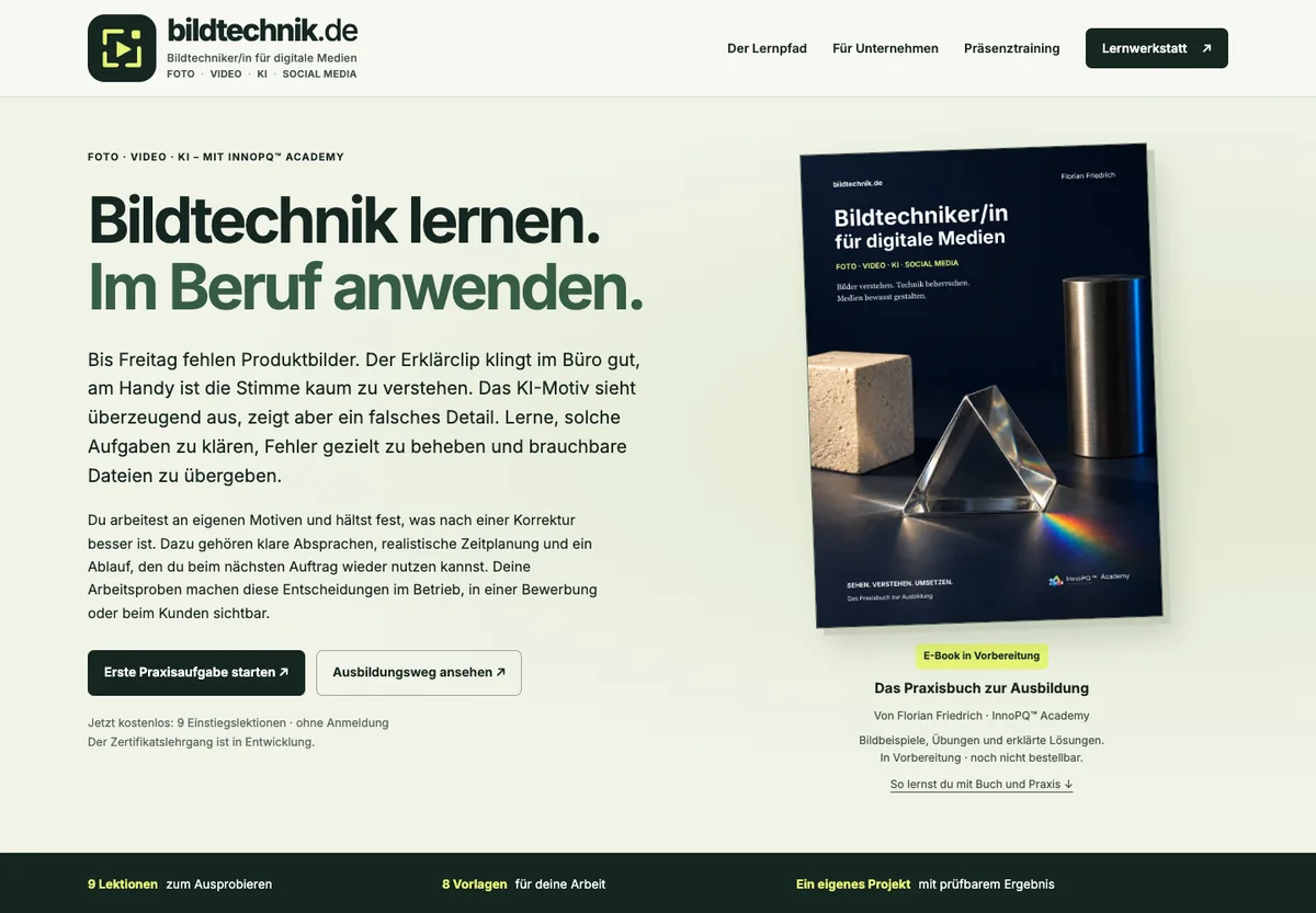 Screenshot der Startseite von Bildtechnik
