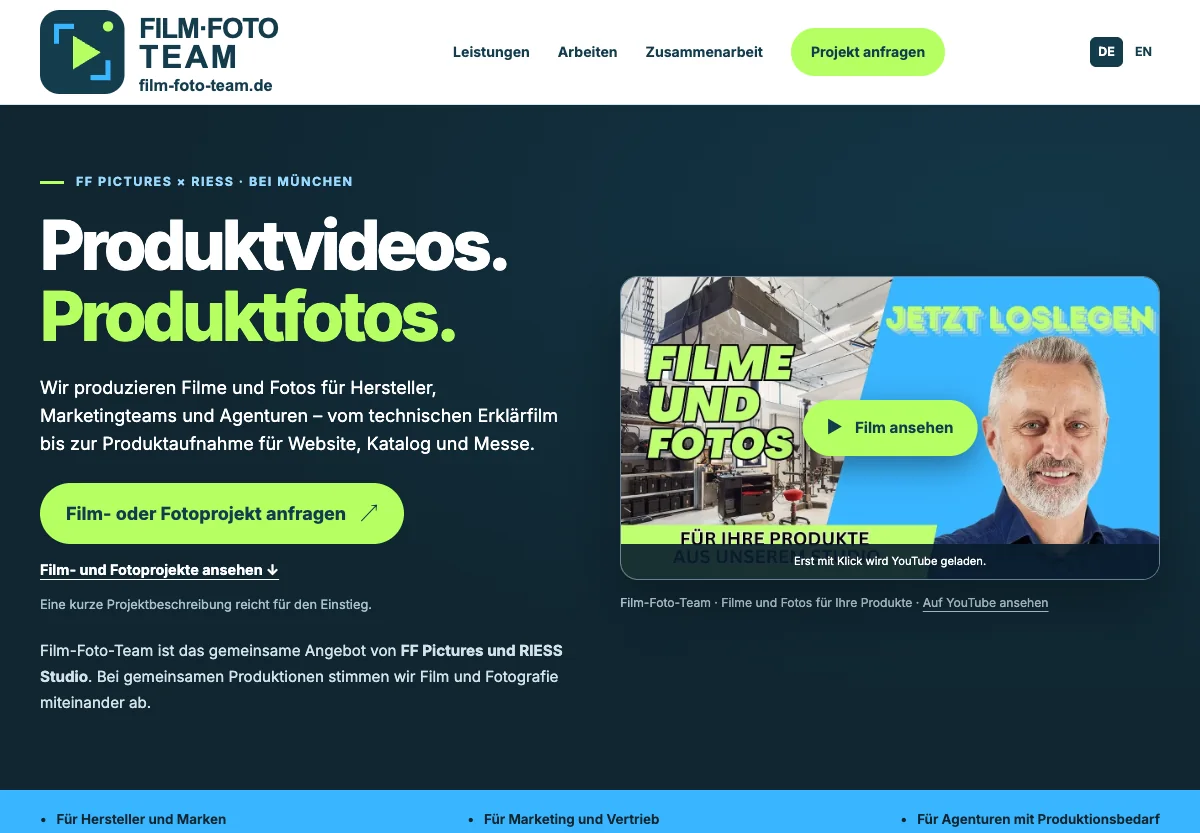 Screenshot der Startseite von Film-Foto-Team mit Film- und Fotoproduktionen